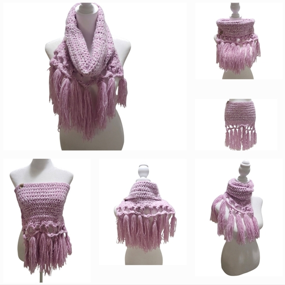 Hand Crafted Crochet 2-piece Set Fringe Scarf & Winter beanie Purple chunky knit - Picture 1 of 17